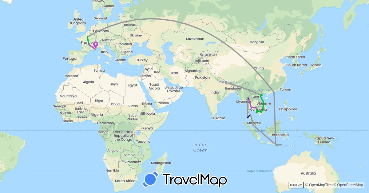 TravelMap itinerary: driving, bus, plane, train, boat in France, Hong Kong, Indonesia, Cambodia, Malaysia, Nepal, Thailand, Vietnam (Asia, Europe)